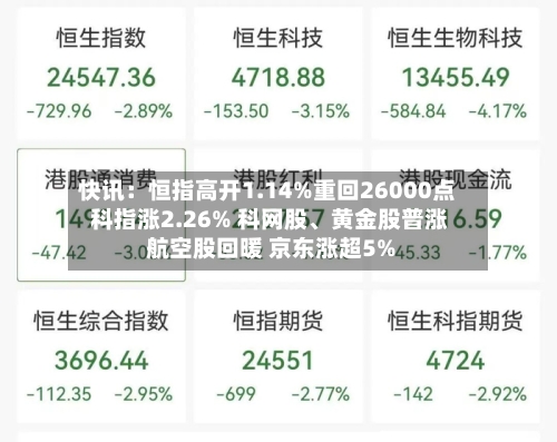 快讯：恒指高开1.14%重回26000点 科指涨2.26% 科网股、黄金股普涨 航空股回暖 京东涨超5%-第2张图片