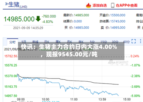 快讯：生猪主力合约日内大涨4.00%，现报9545.00元/吨