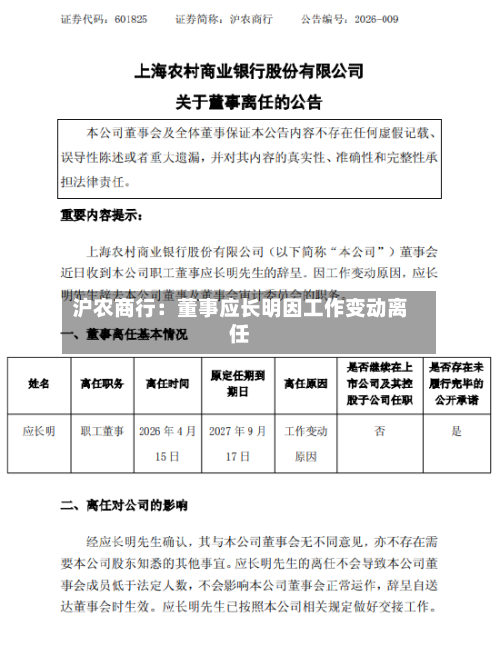 沪农商行：董事应长明因工作变动离任