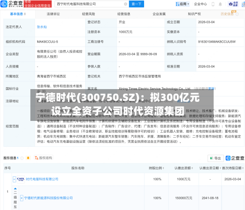 宁德时代(300750.SZ)：拟300亿元设立全资子公司时代资源集团