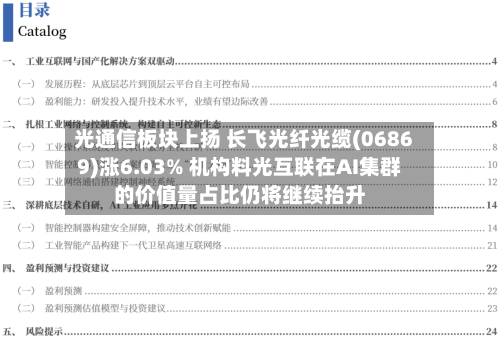 光通信板块上扬 长飞光纤光缆(06869)涨6.03% 机构料光互联在AI集群的价值量占比仍将继续抬升